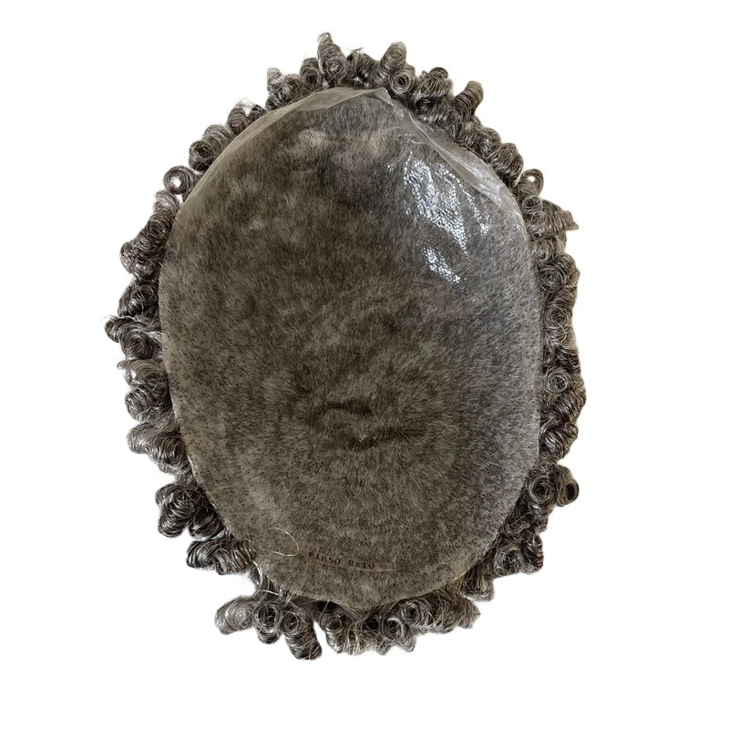 10mm curl #1b50 Grey Knotted Skin Toupee for Black Men - product view