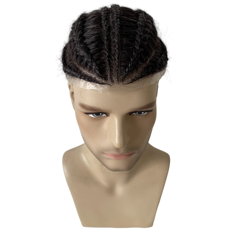 Indyjski dziewiczy tupet z ludzkich włosów 8x10 V Loop PU, szare warkocze cornrow #1B10 dla czarnoskórych mężczyzn