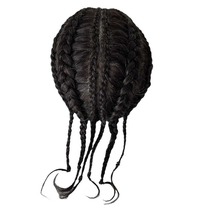Indian Virgin Human Hair 8x10 V Loop PU Toupee Grey Cornrow Braids #1B10 for Black Men