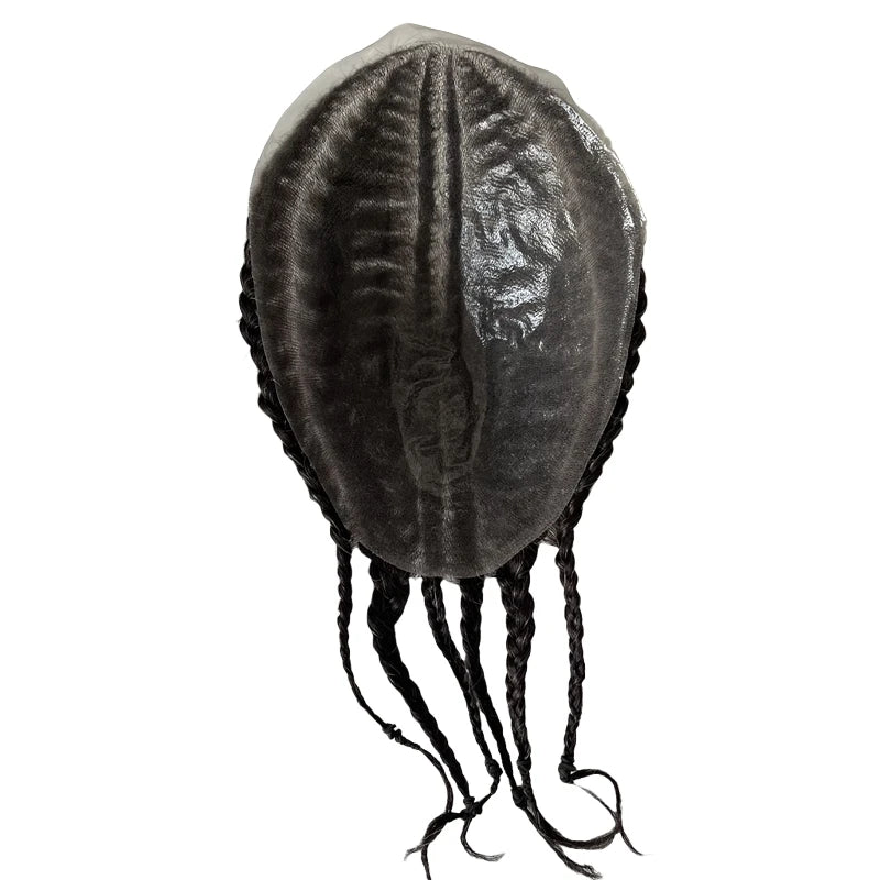 Indyjski dziewiczy tupet z ludzkich włosów 8x10 V Loop PU, szare warkocze cornrow #1B10 dla czarnoskórych mężczyzn