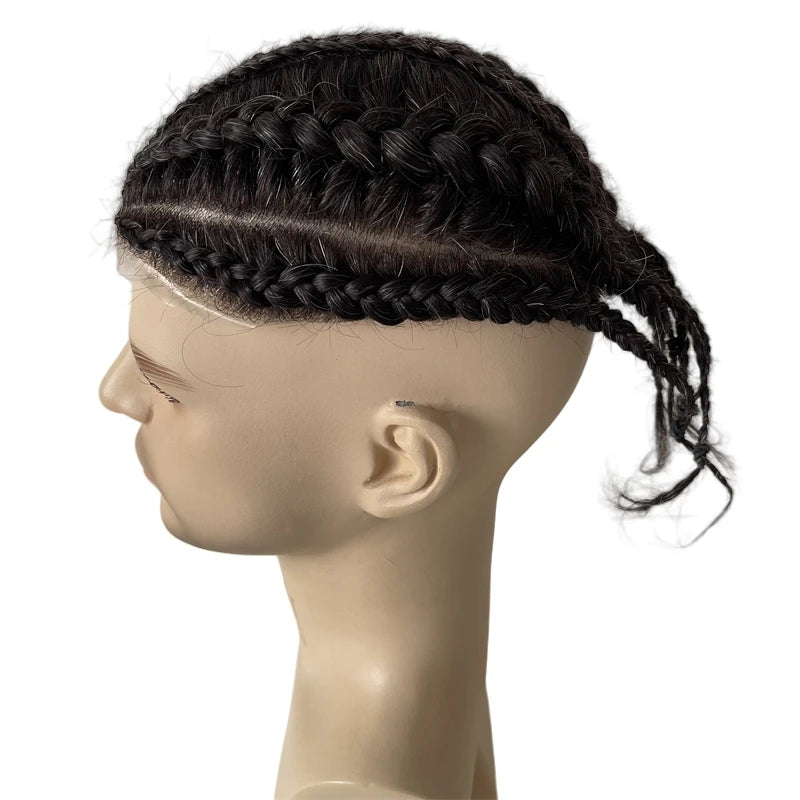 Indyjski dziewiczy tupet z ludzkich włosów 8x10 V Loop PU, szare warkocze cornrow #1B10 dla czarnoskórych mężczyzn