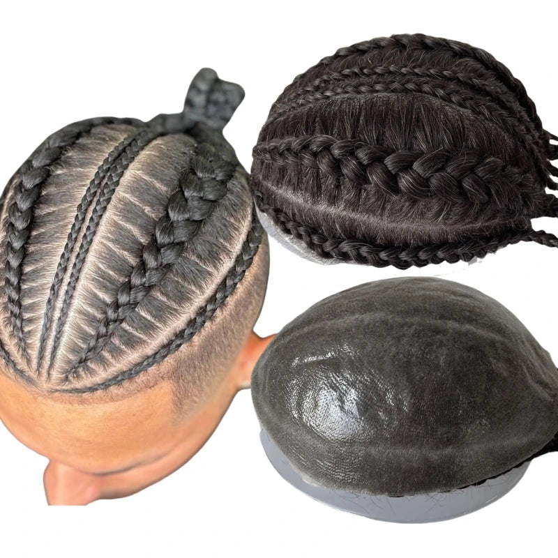 Indyjski dziewiczy tupet z ludzkich włosów 8x10 V Loop PU, szare warkocze cornrow #1B10 dla czarnoskórych mężczyzn