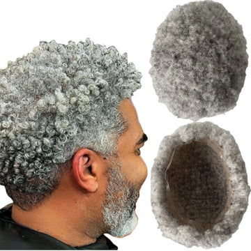 Indiaas Virgin Human Hair Afro Full Lace Toupet #1B80 Grijs 8x10 voor Zwarte Mannen