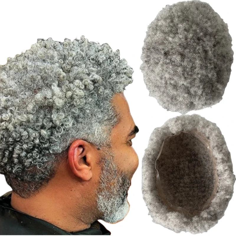 Indiaas Virgin Human Hair Afro Full Lace Toupet #1B80 Grijs 8x10 voor Zwarte Mannen