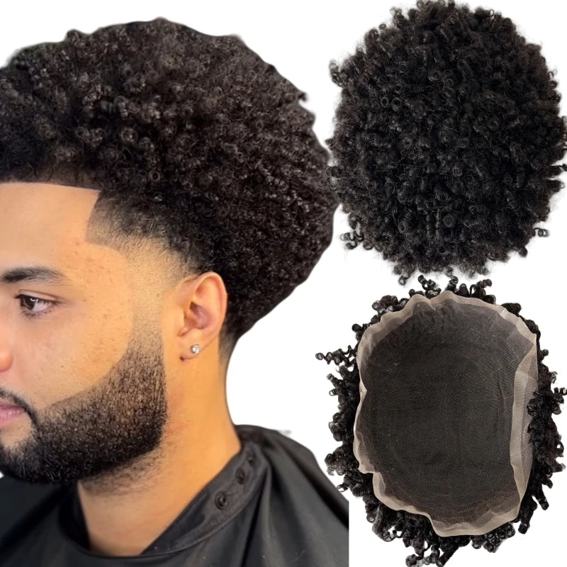 Indián Szűz Emberi Haj Teljes Csipke Tupé 6 Hüvelykes 6mm Göndör Természetes Szín Fekete Férfiaknak