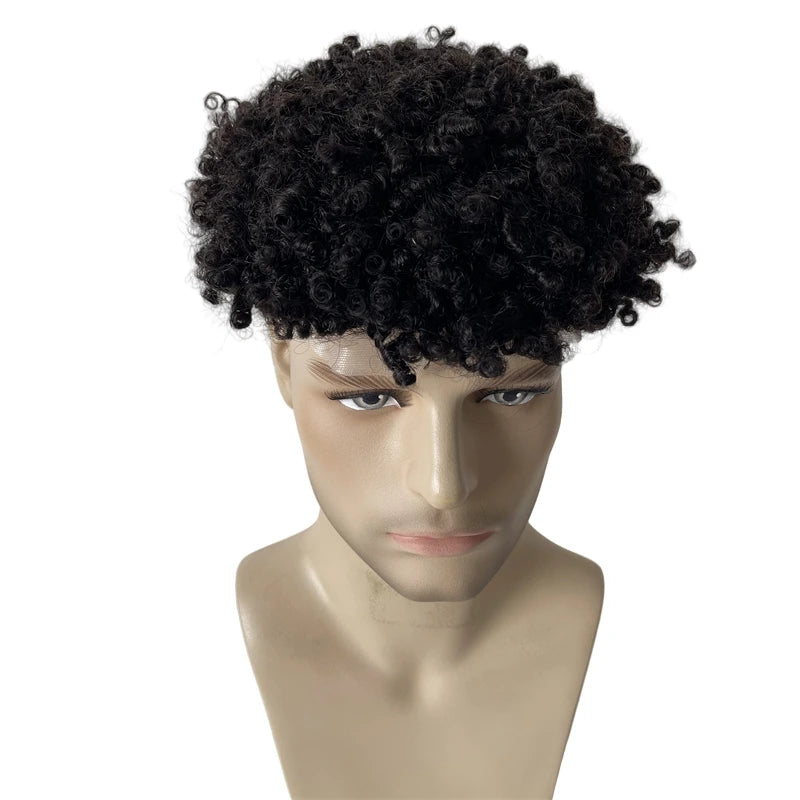 Indián Szűz Emberi Haj Teljes Csipke Tupé 6 Hüvelykes 6mm Göndör Természetes Szín Fekete Férfiaknak