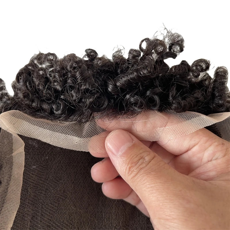 Indián Szűz Emberi Haj Teljes Csipke Tupé 6 Hüvelykes 6mm Göndör Természetes Szín Fekete Férfiaknak