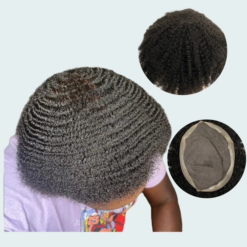 6mm-aaltoinen täyspitsinen peruukkijärjestelmä mustille miehille 7"x9"