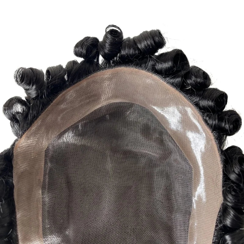 Indian Virgin Human Hair Jet Black 1# 15mm Curl 8x10 Mono Lace Toupee for Men