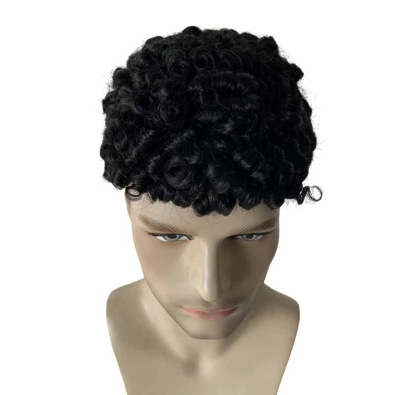Indian Virgin Human Hair Jet Black 1# 15mm Curl 8x10 Mono Lace Toupee for Men