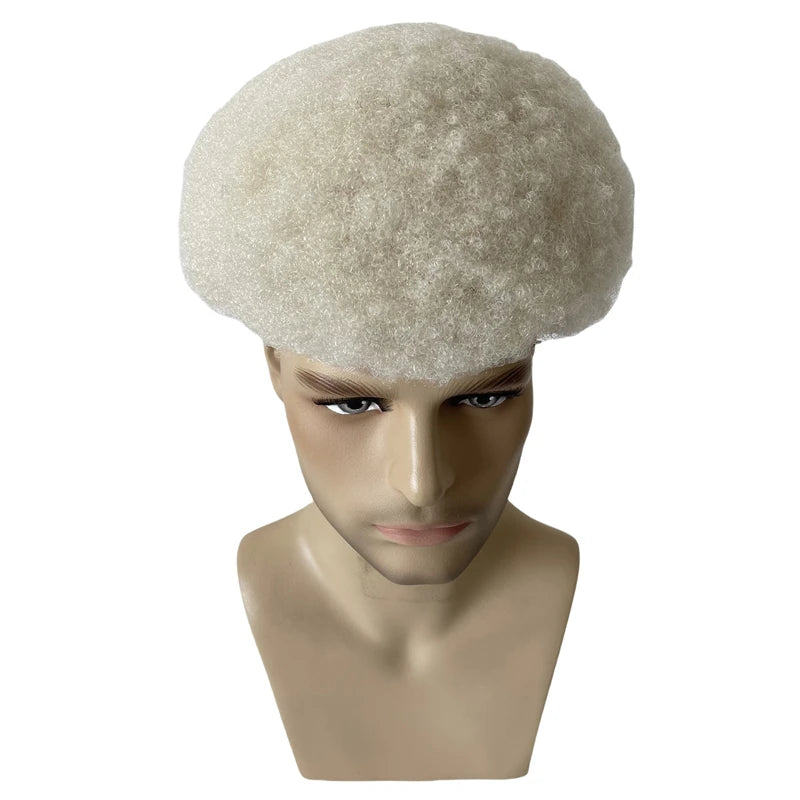 Intialainen neitsythius Afro-toupee 4 mm juurella, platinanvärinen #60, 8x10 täysi pitsiyksikkö miehille