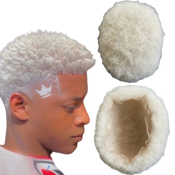 Intialainen neitsythius Afro-toupee 4 mm juurella, platinanvärinen #60, 8x10 täysi pitsiyksikkö miehille