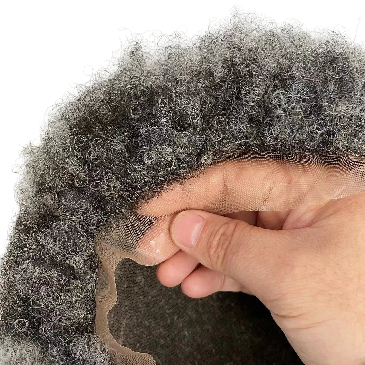 Indiai szűz emberi haj 1B Szürke 10x10 afro göndör, teljes csipkés férfi tupé paróka