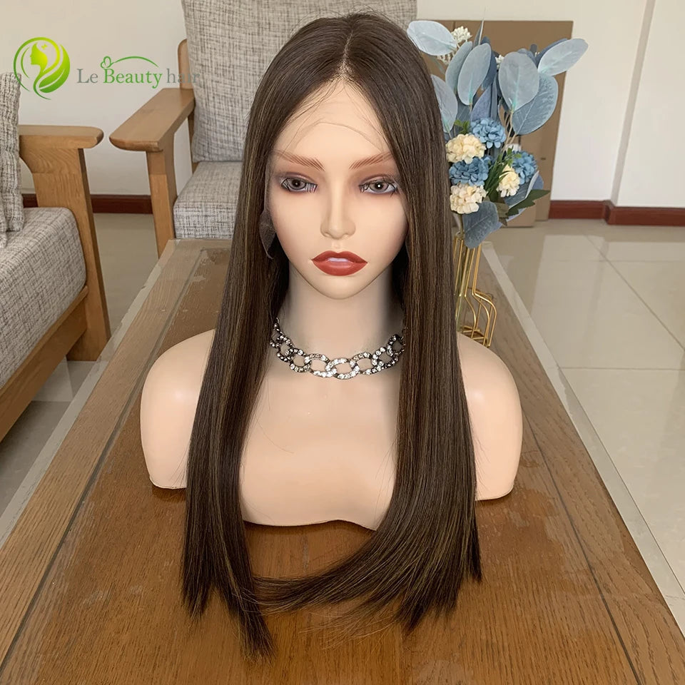 European Virgin Hair Jewish Wigs with Highlights - Natural Color Kosher Wigs, Swiss Lace Top - top view