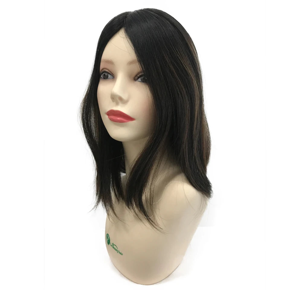 Jewish Hair Topper Natural Black Highlight 4x4 Silk Top Weft Back Kippah Fall PU Around