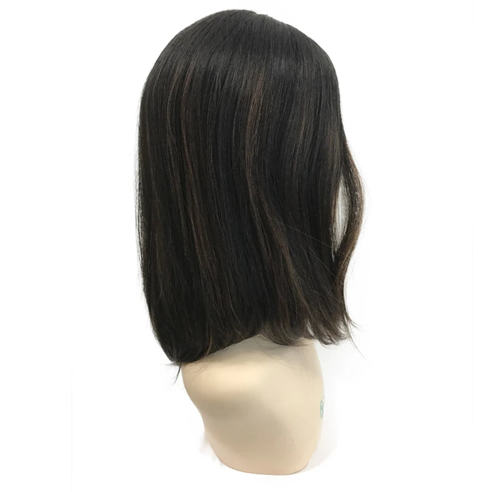 Jewish Hair Topper Natural Black Highlight 4x4 Silk Top Weft Back Kippah Fall PU Around