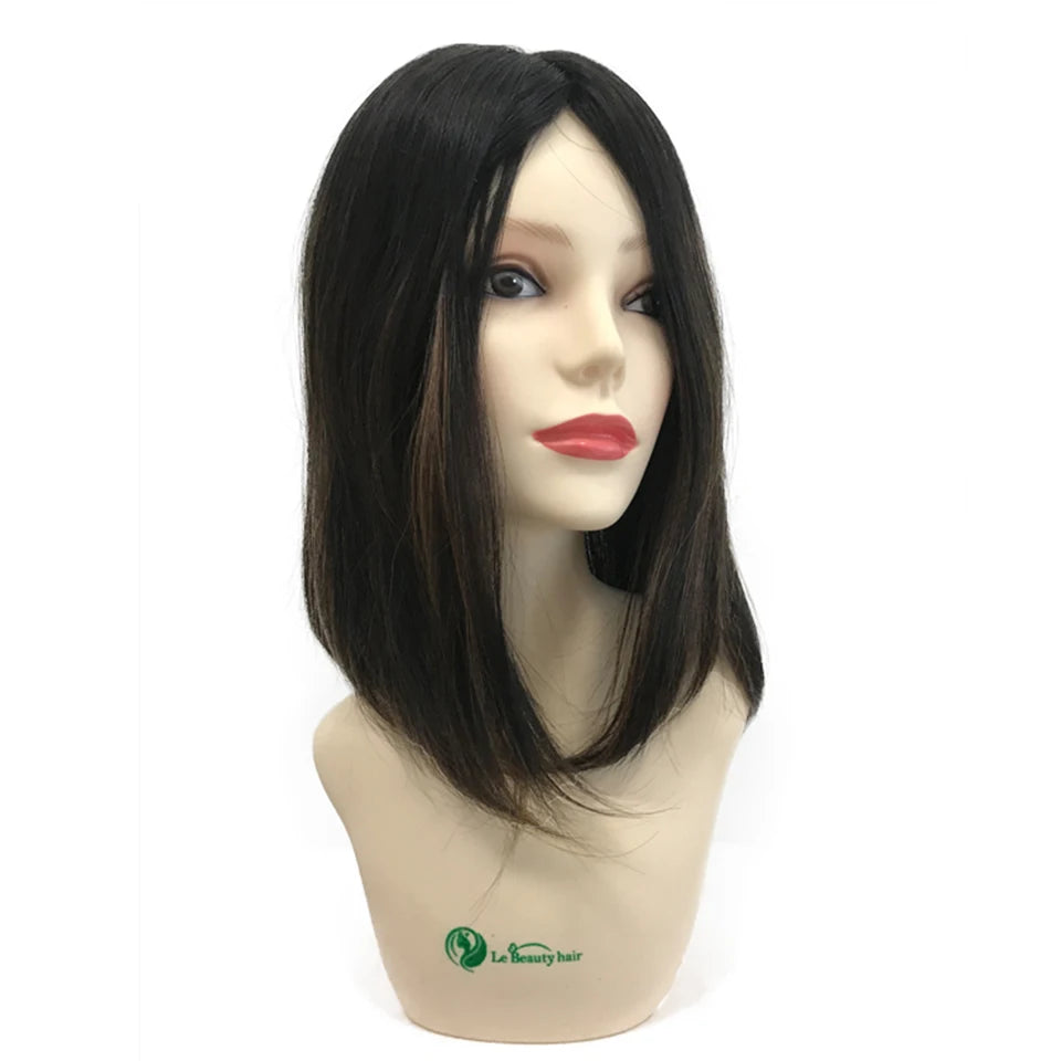 Jewish Hair Topper Natural Black Highlight 4x4 Silk Top Weft Back Kippah Fall PU Around - back view