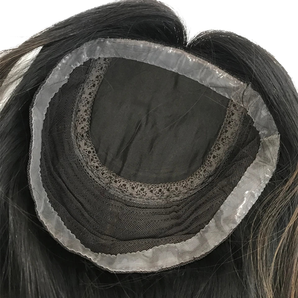 Jewish Hair Topper Natural Black Highlight 4x4 Silk Top Weft Back Kippah Fall PU Around