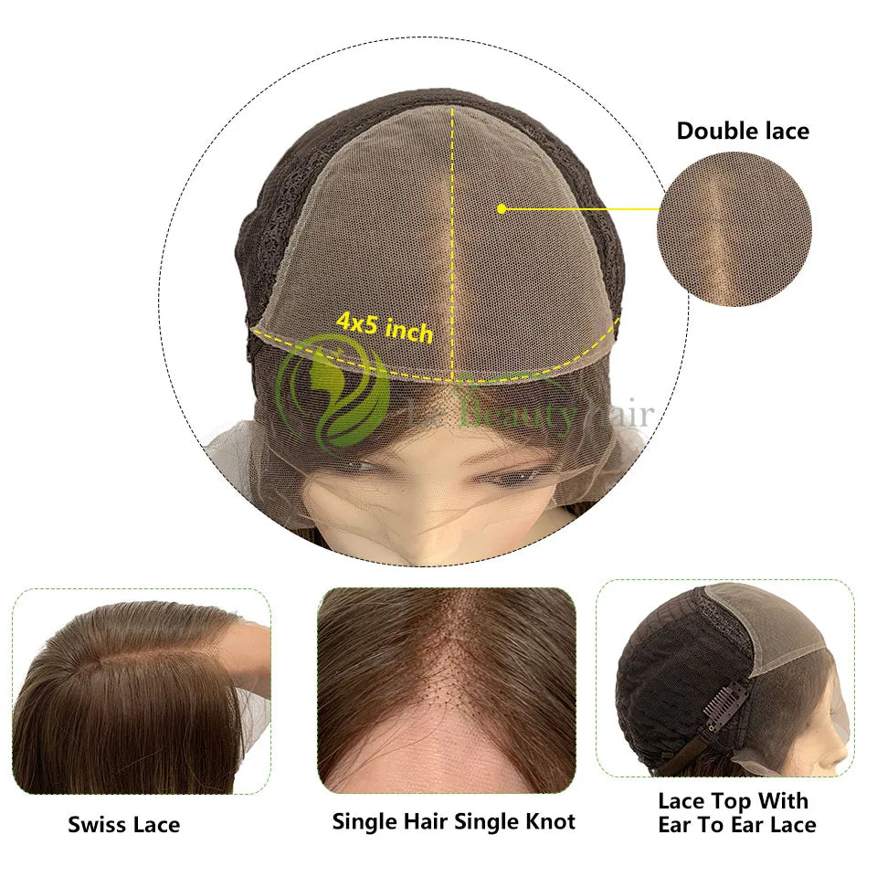 Parrucche Ebraiche Kosher con Onde Naturali in Capelli Europei Vergini non Trattati, Parrucca con Top in Pizzo Svizzero Trasparente e Invisibile