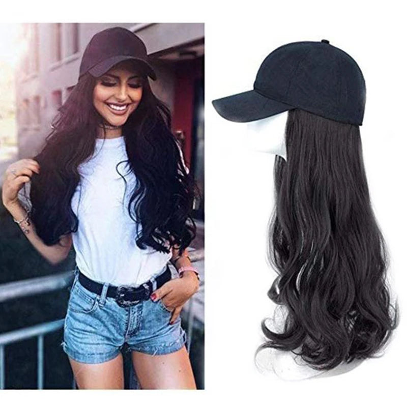 Synthetic 50cm Long Hair Hat One Body Lady Long Curls Hair Water Wave Baseball Cap Head Set Wig