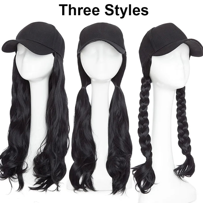 Synthetic 50cm Long Hair Hat One Body Lady Long Curls Hair Water Wave Baseball Cap Head Set Wig - product view