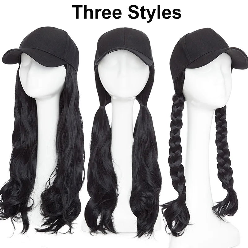 Synthetic 50cm Long Hair Hat One Body Lady Long Curls Hair Water Wave Baseball Cap Head Set Wig
