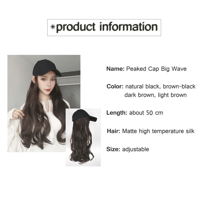 Synthetic 50cm Long Hair Hat One Body Lady Long Curls Hair Water Wave Baseball Cap Head Set Wig