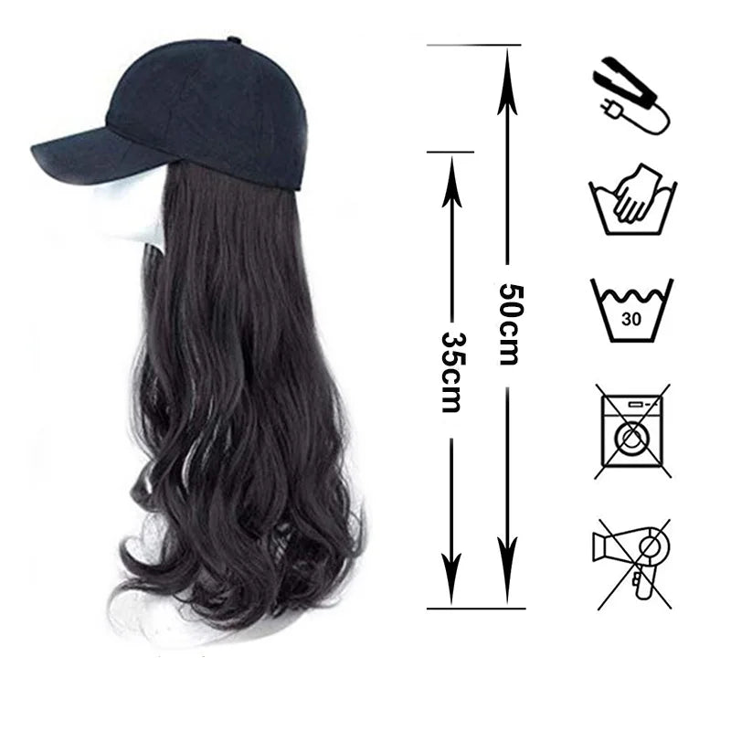 Synthetic 50cm Long Hair Hat One Body Lady Long Curls Hair Water Wave Baseball Cap Head Set Wig