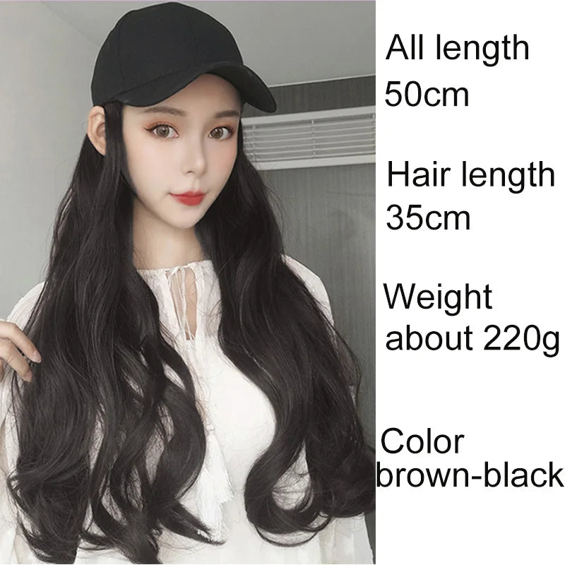 Synthetic 50cm Long Hair Hat One Body Lady Long Curls Hair Water Wave Baseball Cap Head Set Wig