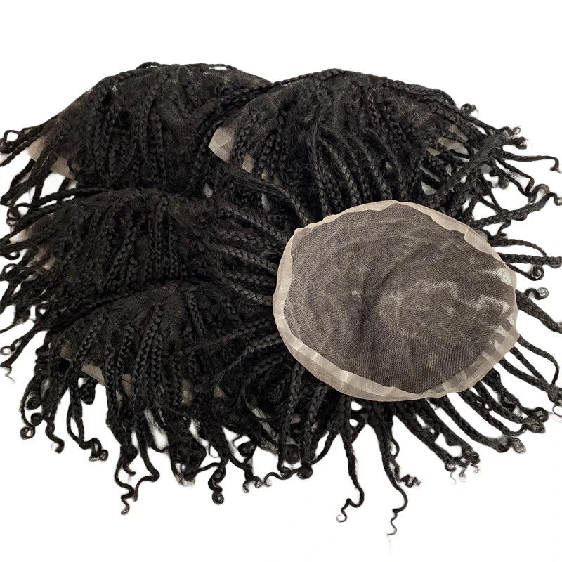 Tupet z Malezyjskich dziewiczych włosów ludzkich #1B, naturalna czerń, warkoczyki typu box, peruka koronkowa 8x10 dla mężczyzn