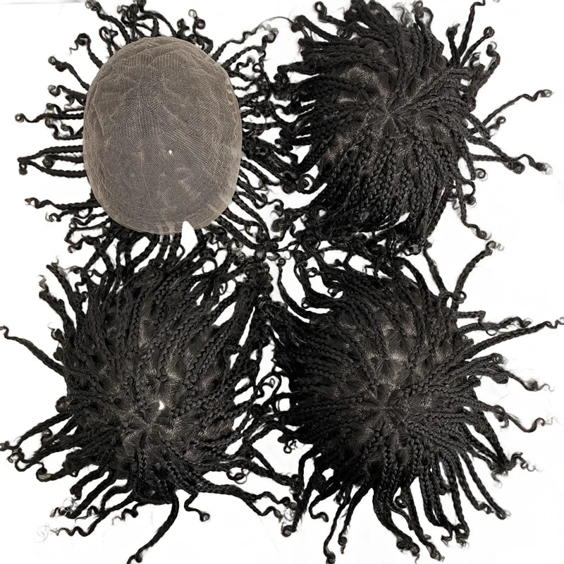 Tupet z Malezyjskich dziewiczych włosów ludzkich #1B, naturalna czerń, warkoczyki typu box, peruka koronkowa 8x10 dla mężczyzn