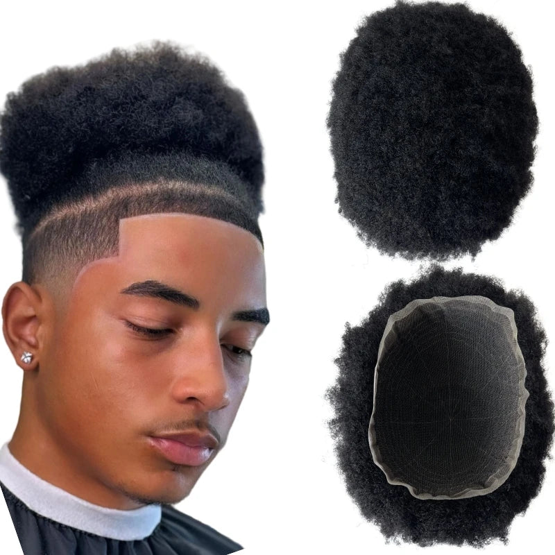 Malajziai szűz emberi haj afro tupé 4 mm gyökérrel, Jet Black, 8x10 teljes svájci csipke férfiaknak