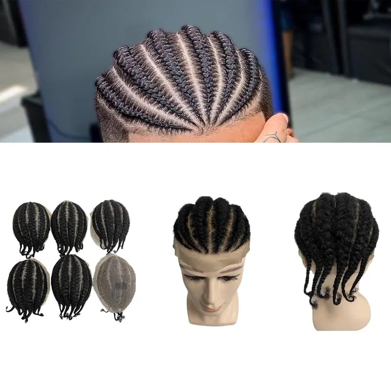 Malaysian Virgin Human Hair Afro Corn Braids Full Lace Toupee 8x10 Black 1B