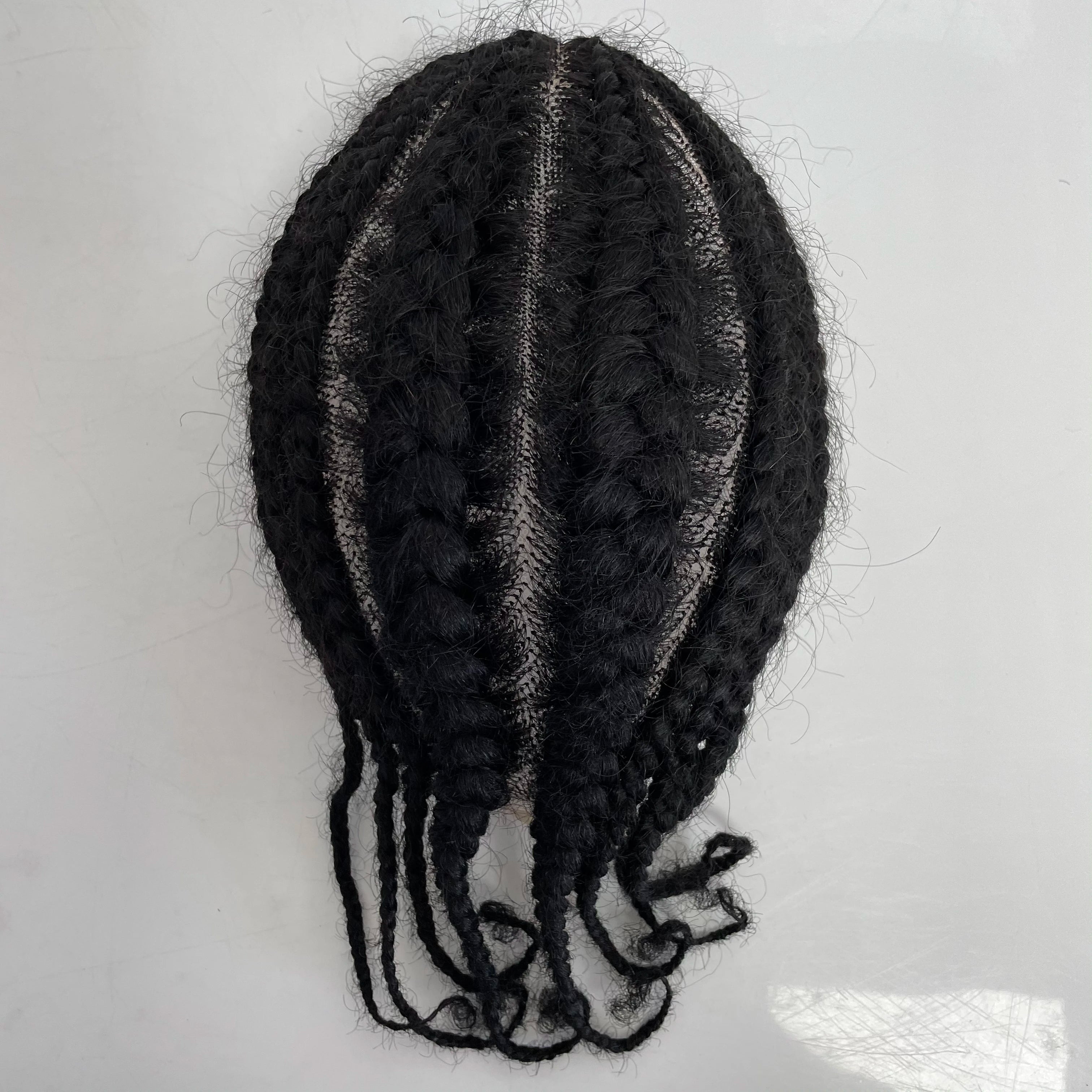 Maláj szűz emberi hajból készült afro fonott copfos teljes csipkés tupé 8x10 Fekete 1B