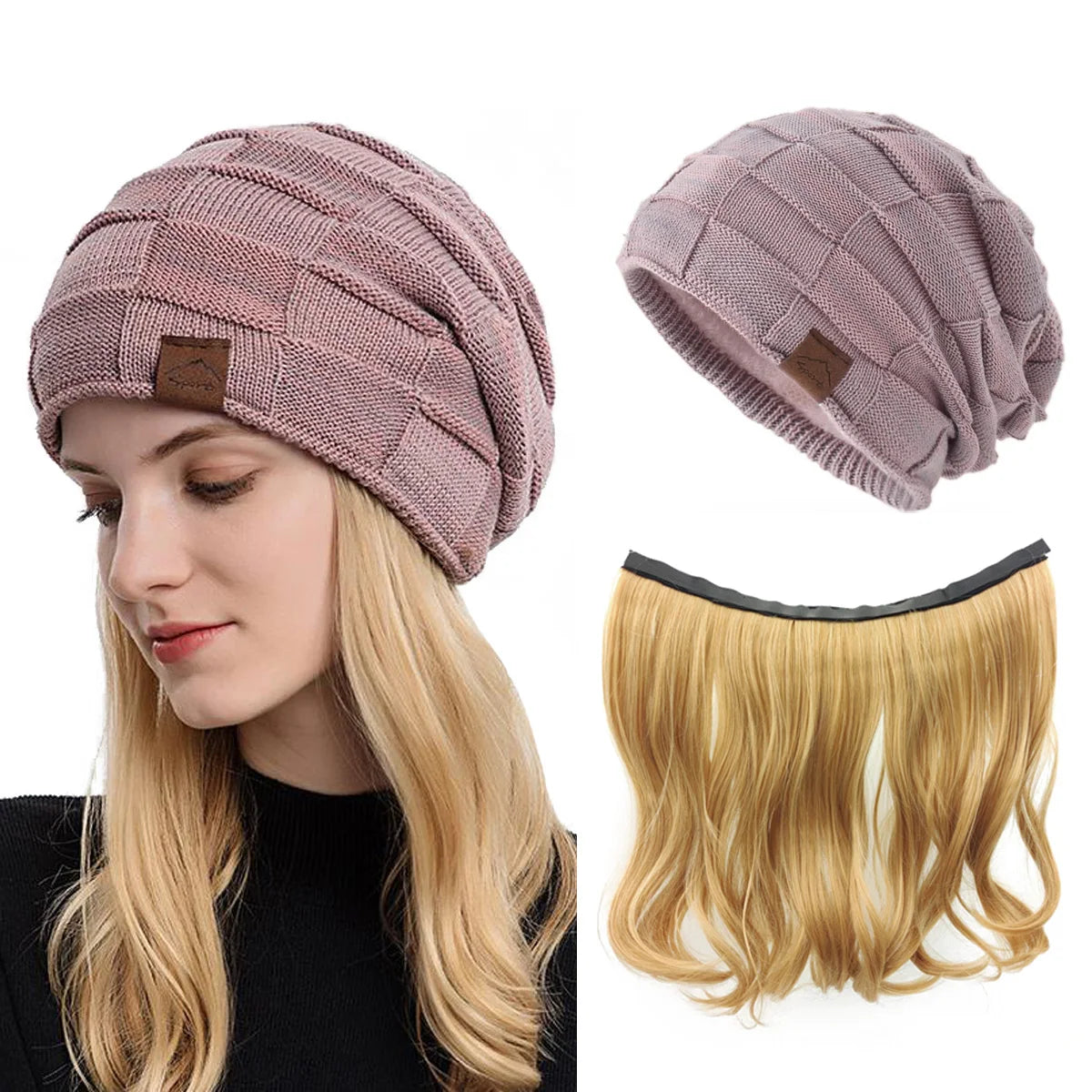 GEEN GEEN Herfst/Winter Beanie Pruiken voor Vrouwen, Brei Warme Dikke Skully Kous Beanie Muts met Haar Bevestigd, Dames Blonde Cap Pruik