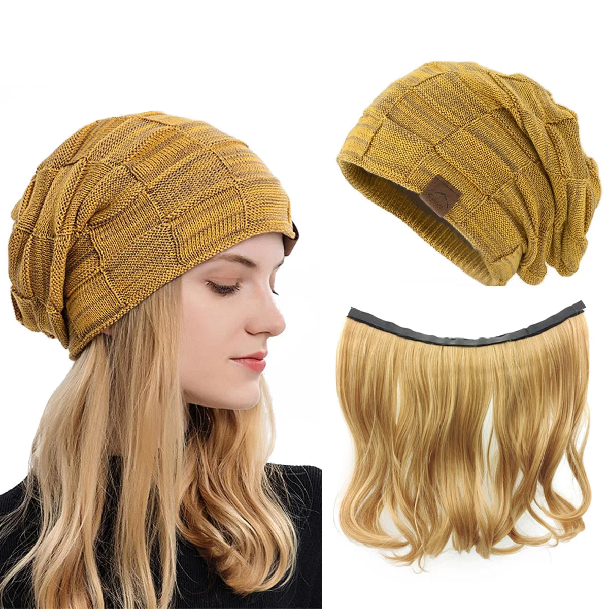 NOOFNO Fall/Winter Beanie Wigs for Women,Knit Warm  Thick Skully Stocking Binie Hat with Hair Attached,Women's Blonde  Cap Wig