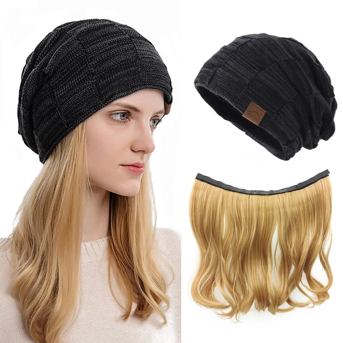 GEEN GEEN Herfst/Winter Beanie Pruiken voor Vrouwen, Brei Warme Dikke Skully Kous Beanie Muts met Haar Bevestigd, Dames Blonde Cap Pruik