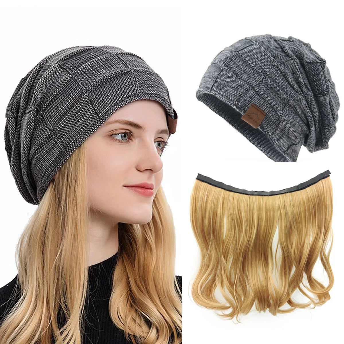 NOOFNO Fall/Winter Beanie Wigs for Women,Knit Warm  Thick Skully Stocking Binie Hat with Hair Attached,Women's Blonde  Cap Wig