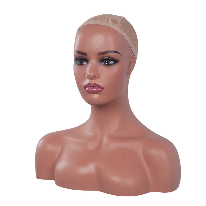 Black Fake Human Wig Display Mannequin Head with Double Shoulder Prop Holder