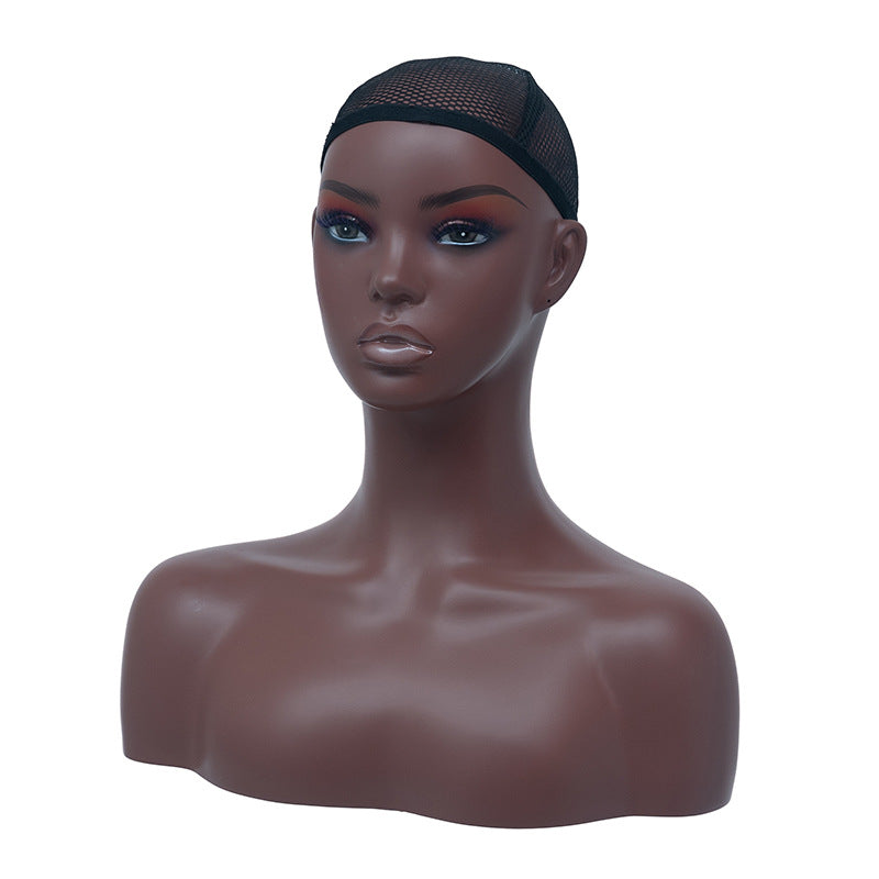 Black Skin Wig Model Head with Sunglasses and Earrings