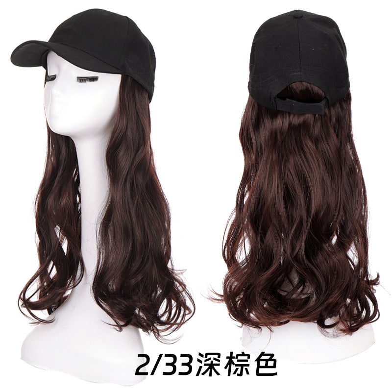 Long Wavy Curly Hair Wig Cap Natural Integrated Baseball Cap Wig in Black, Blonde, and Brown