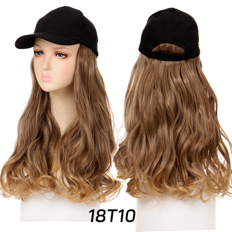 Long Wavy Curly Hair Wig Cap Natural Integrated Baseball Cap Wig in Black, Blonde, and Brown