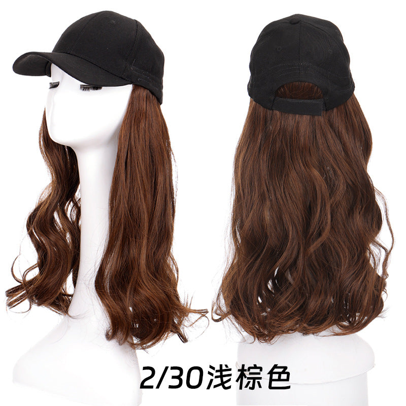 Peluca de pelo largo y ondulado y rizado, peluca con gorra de béisbol integrada natural en negro, rubio y marrón