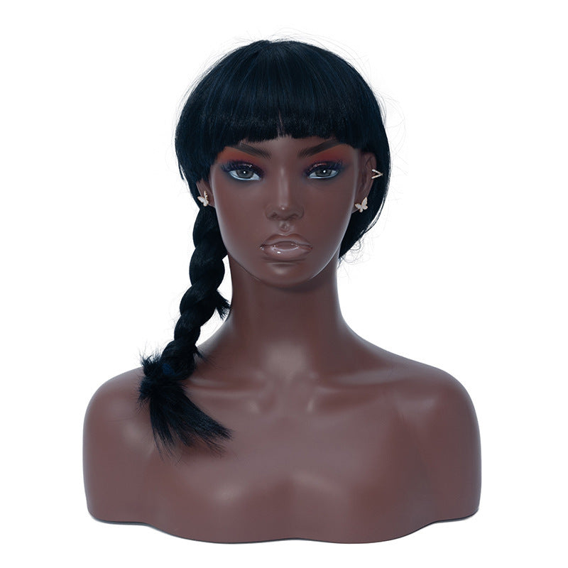 Black Skin Wig Model Head with Sunglasses and Earrings