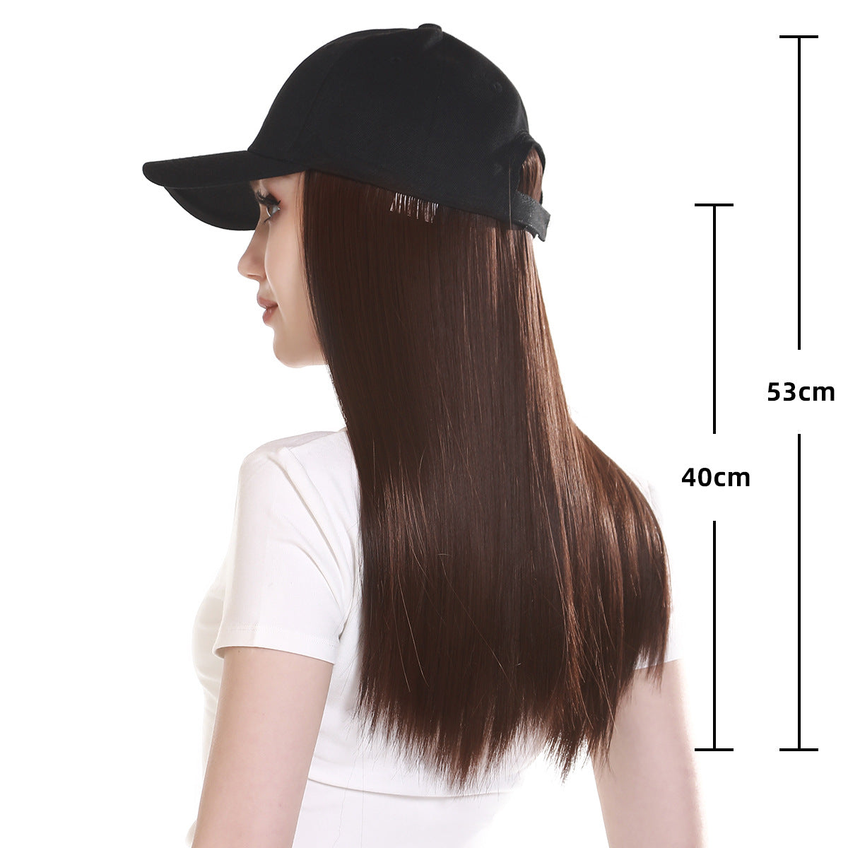 Perruque de cheveux synthétiques longue et droite pour femme avec casquette de baseball, postiche tête complète intégrée, aspect naturel - casquette noire, cheveux bruns