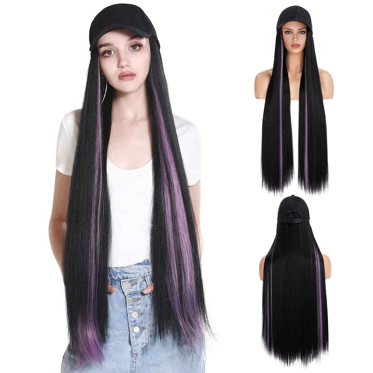 Black and Purple Ombre Long Straight Hair Wig with Knit Beanie Cap, Synthetic Full Head Hairpiece for Women