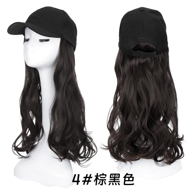 Long Wavy Curly Hair Wig Cap Natural Integrated Baseball Cap Wig in Black, Blonde, and Brown