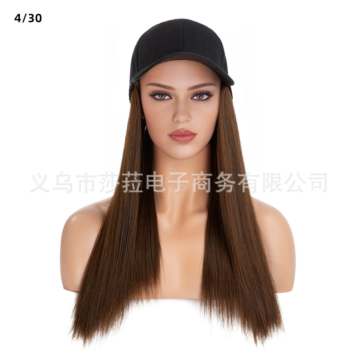 Dames lange steile synthetische haarpruik met honkbalpet, geïntegreerd volledig hoofdhaarstuk, natuurlijke look - zwarte pet, bruin haar