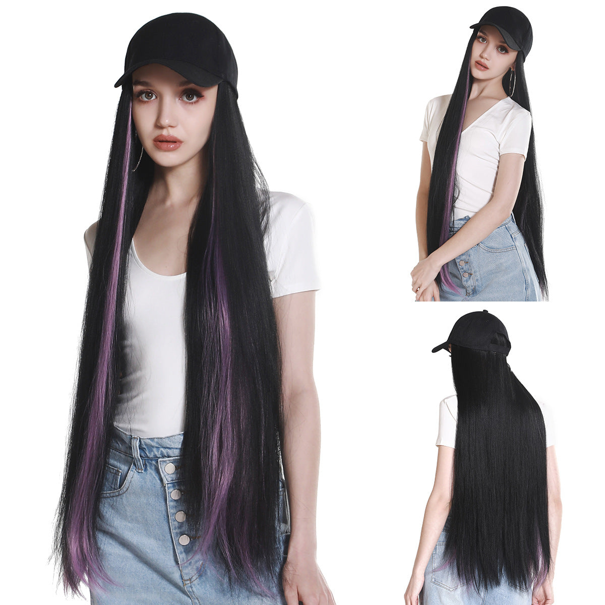 Black and Purple Ombre Long Straight Hair Wig with Knit Beanie Cap, Synthetic Full Head Hairpiece for Women