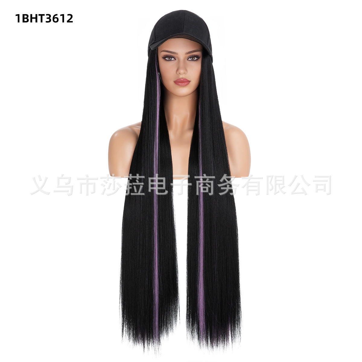 Zwart en paars Ombre lang steil haar pruik met gebreide muts, synthetisch haarstukje met volledig hoofd voor dames